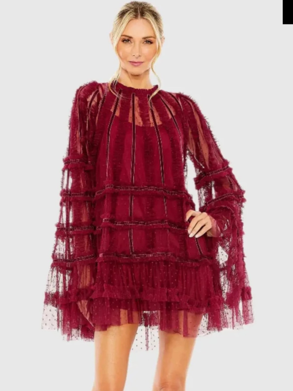 NWT Mac Duggal Crimson High Neck Ruffle 8053 Bell Sleeve Trapeze Dress size 2